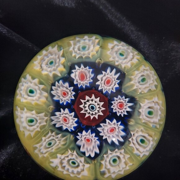 Unmarked Other - Paperweight 1930 GLOWS Millefiori Gold Glitter Yellow Cobalt Red Canes Egg dome